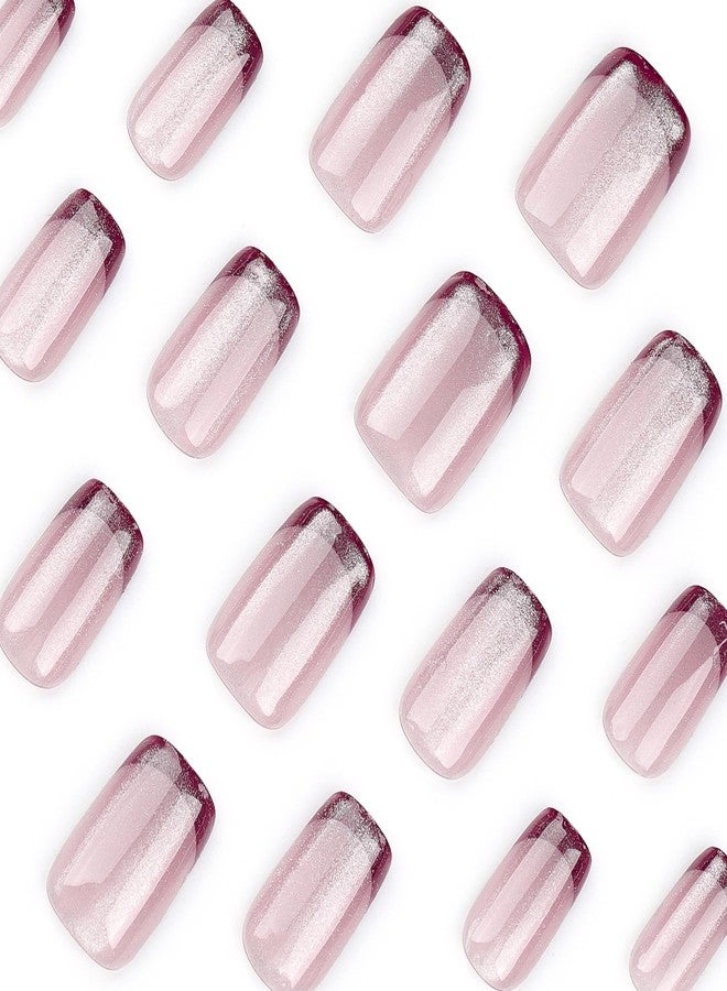 TOGZOM Red French Tip Press On Nails - Medium Square, Cat Eye Acrylic, Glossy Ombre, Shiny Glitter, Squoval Artificial, Xmas Stick On Nails for Women & Girls - 24 Pcs - Image 3